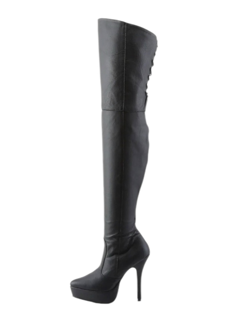 Devious “Indulge” Thigh High Lace Up Back Black Leather Platform Boots